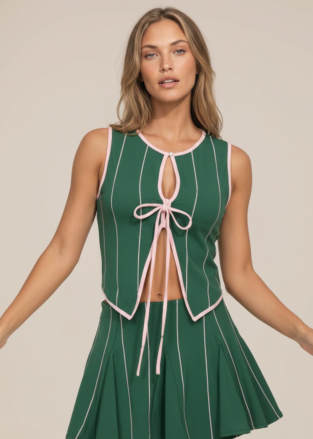 Contrast-Trim Tie-Front Sleeveless Tennis Top