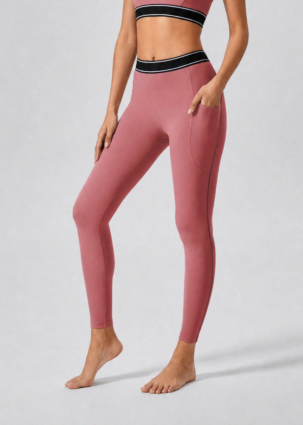 Contrast Waist Pocket Leggings with Butt-Lifting Design