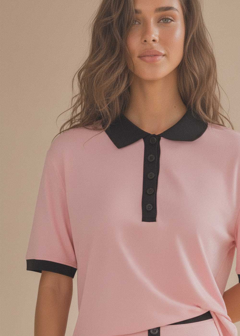 Color‑Block Trim Short Sleeve Cropped Shirt
