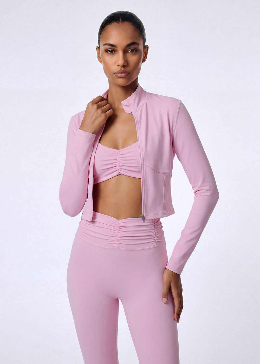 Curved Stand Collar Zip Up Cropped Athletic Jacket