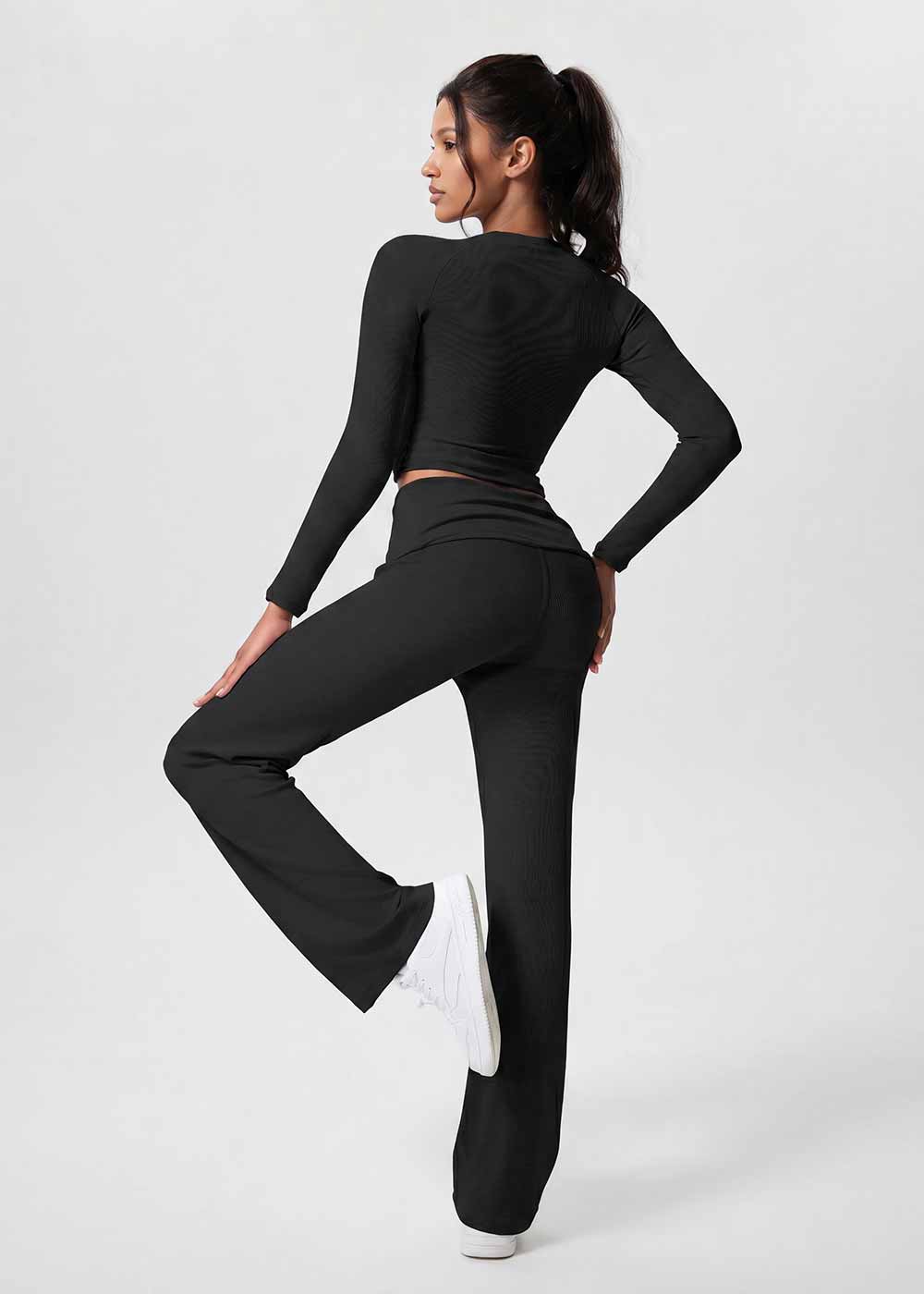Fold Over High Waist Ribbed Flare Leg Pants