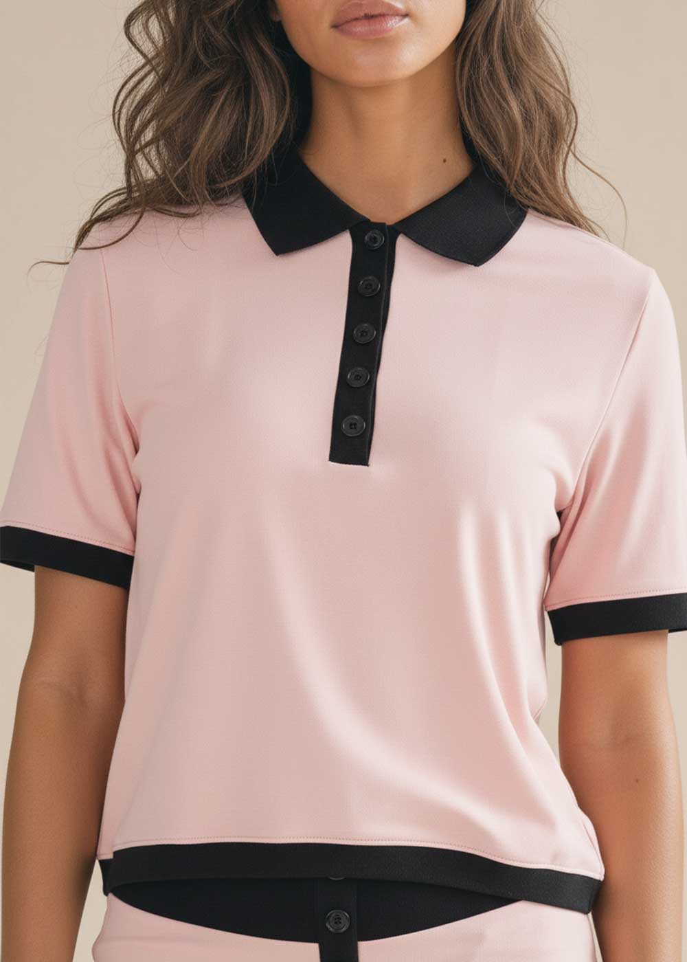 Color‑Block Trim Short Sleeve Cropped Shirt