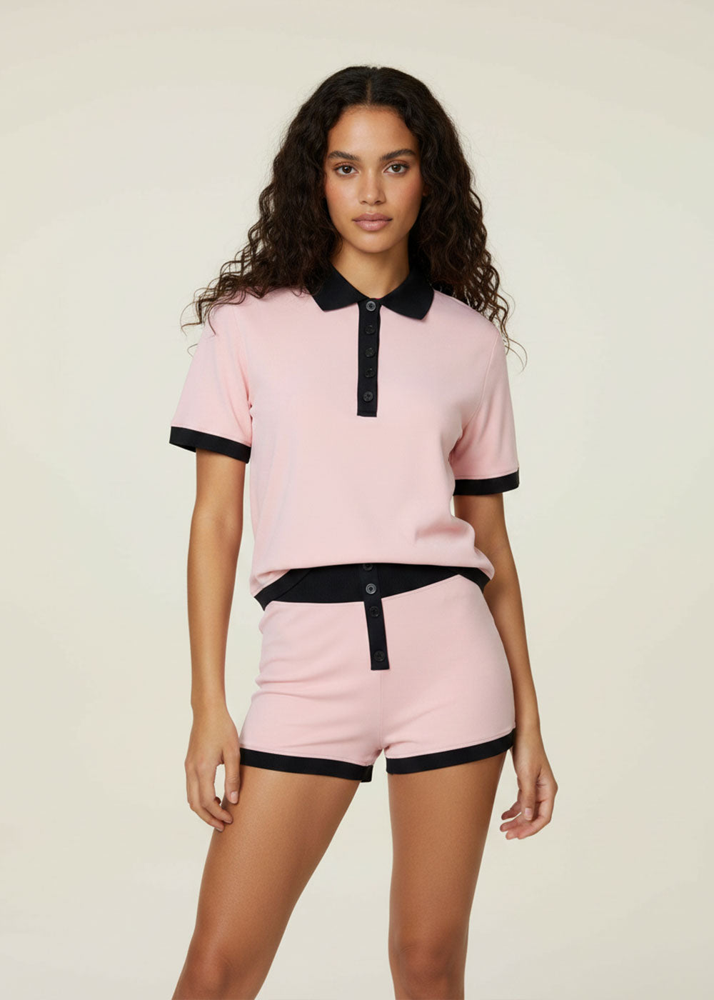 Color‑Block Trim Short Sleeve Cropped Shirt
