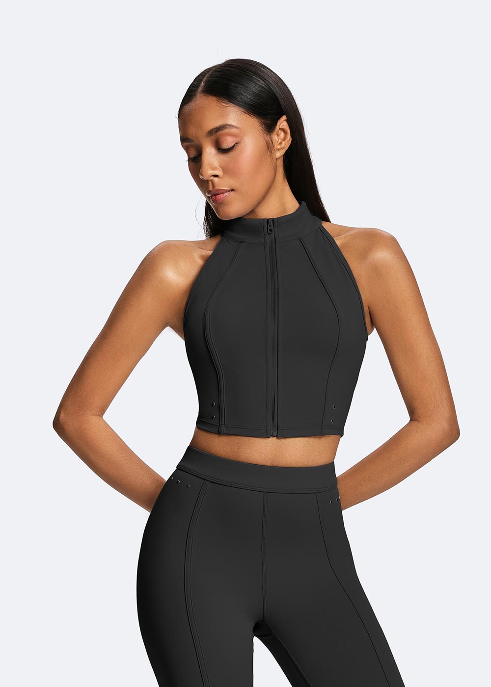 Zip-Up Halter Neck Sports Bra with Rivet