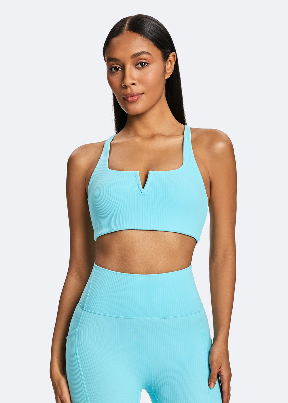 Ribbed V-Neck Crisscross Back Sports Bra - front