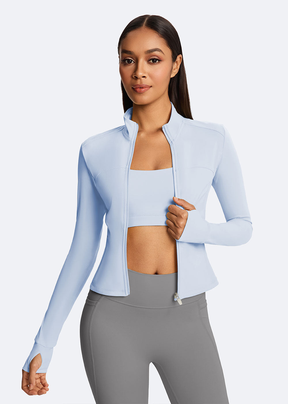 Cropped Zip-Up Athletic Jacket with Thumb Holes