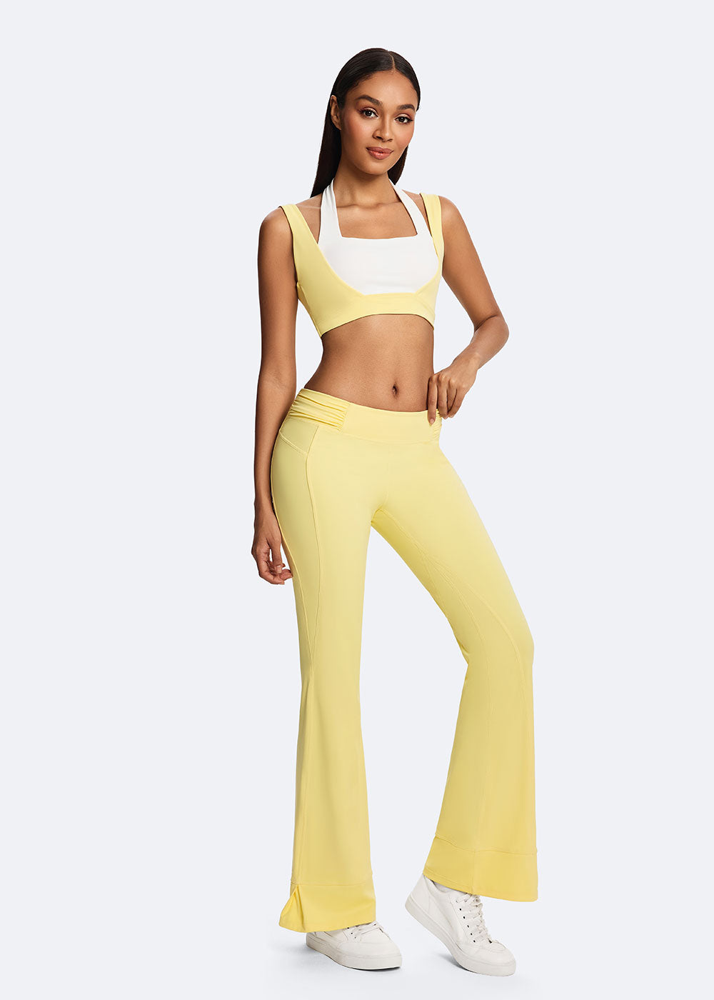 Women's Yellow Cloud Support Halter Sports Bras Full body outfit display 3