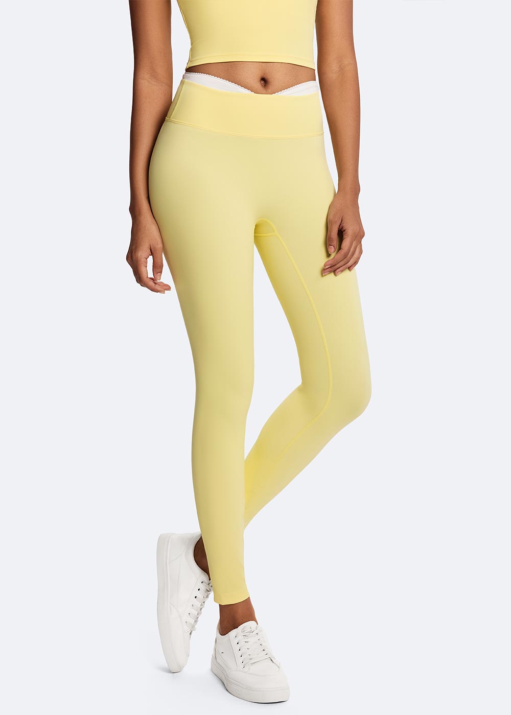 Women's Yellow Lace-up Contrast Color Sport Leggings Close up of leg posture