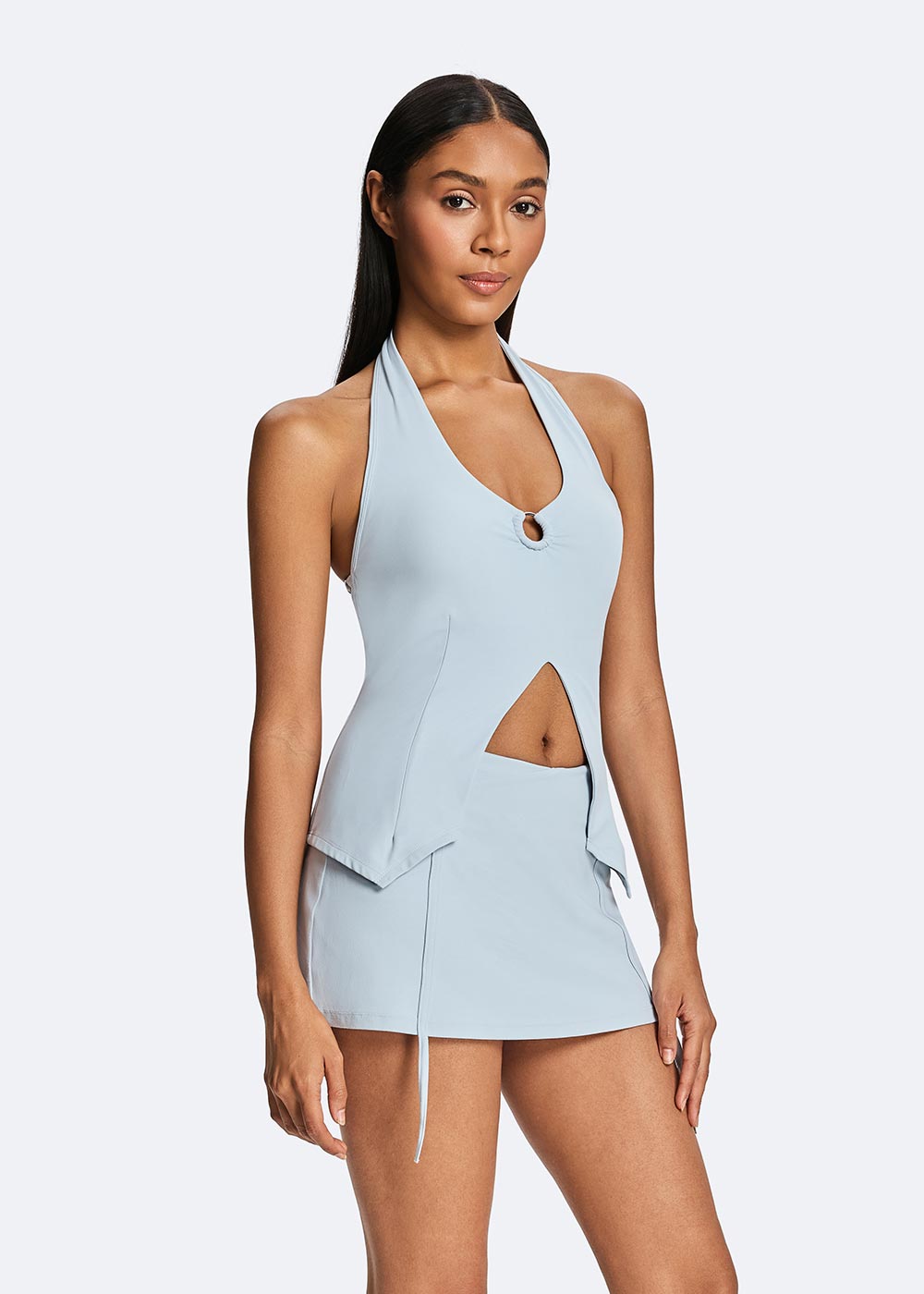 Women's Sky Blue Halter Neck Sexy Vest Close up of the right front side