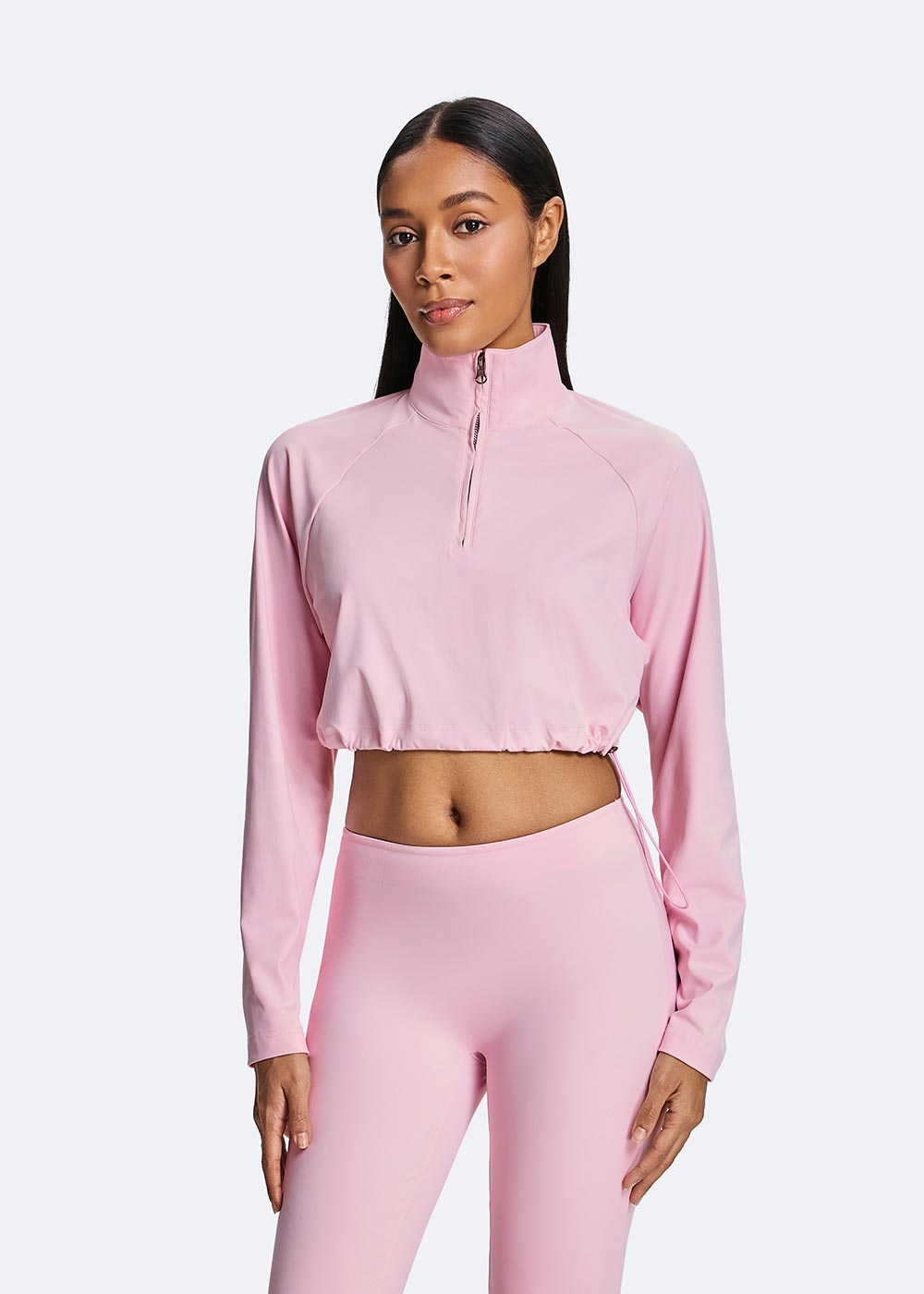 Women's Pink Half Zipper Short Loose Long Sleeve front close-up 3