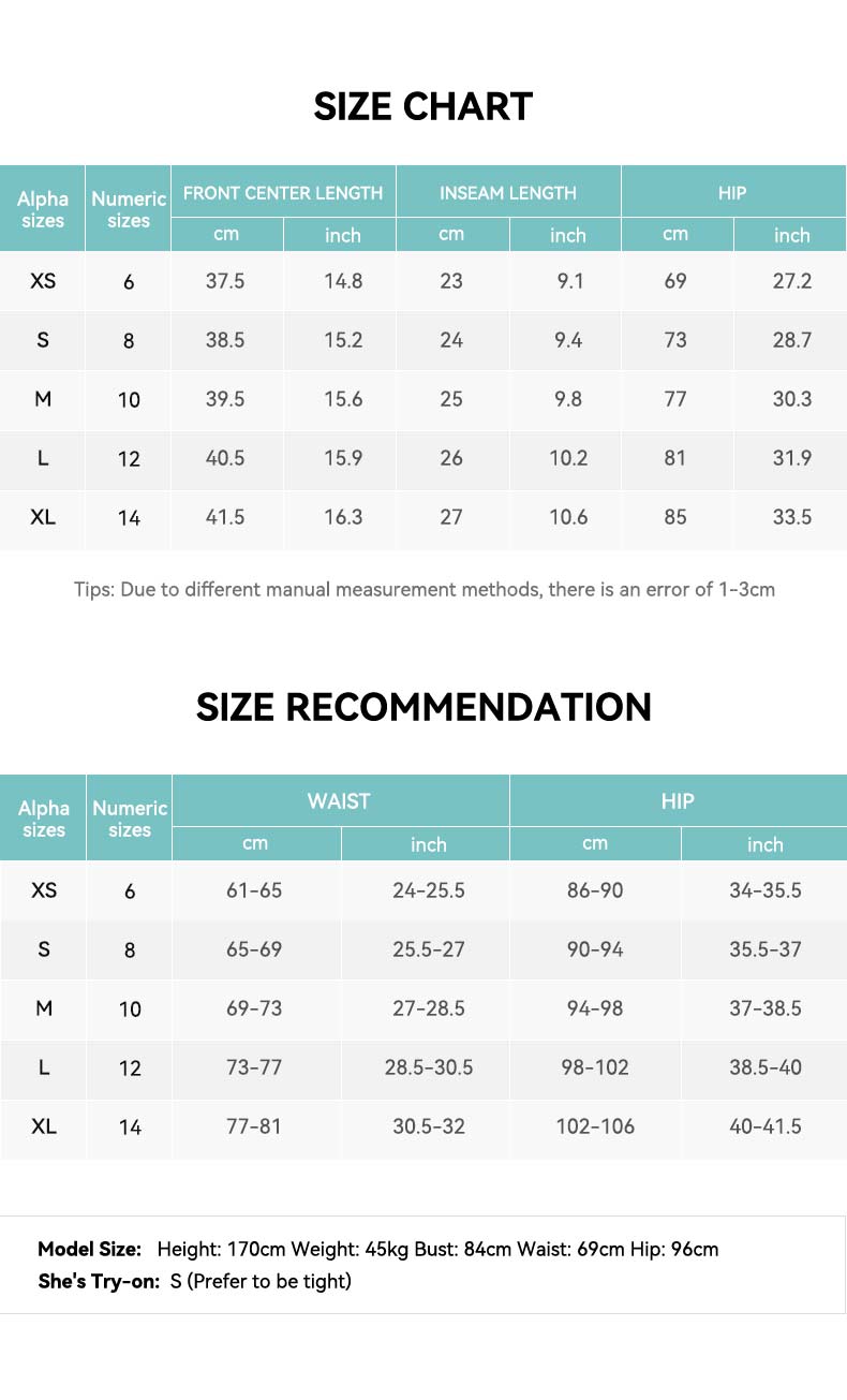 High Waist 2-in-1 Tennis Skirt with Ball Pockets Size Chart