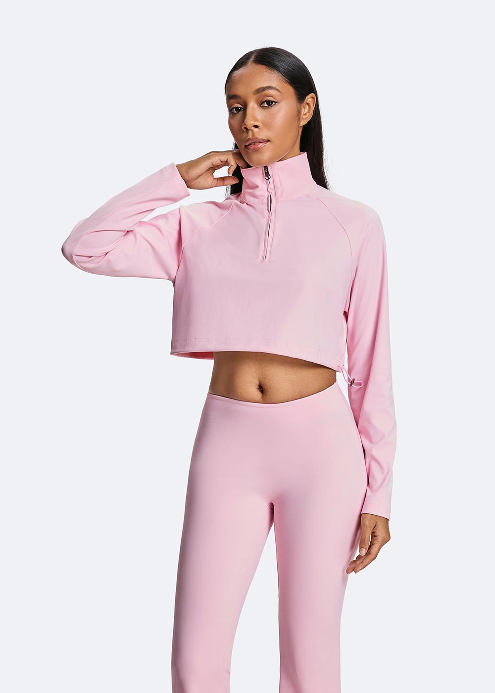 Women's Pink Half Zipper Short Loose Long Sleeve front close-up 2