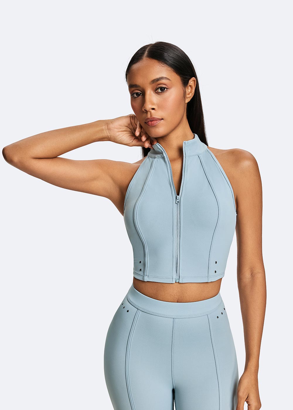 Zip-Up Halter Neck Sports Bra with Rivet