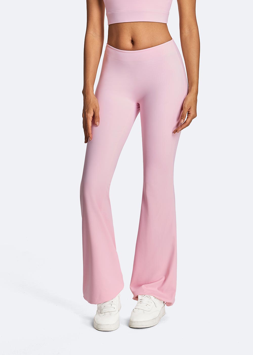 Women's Waist Flared Pants Pink Close up of legs