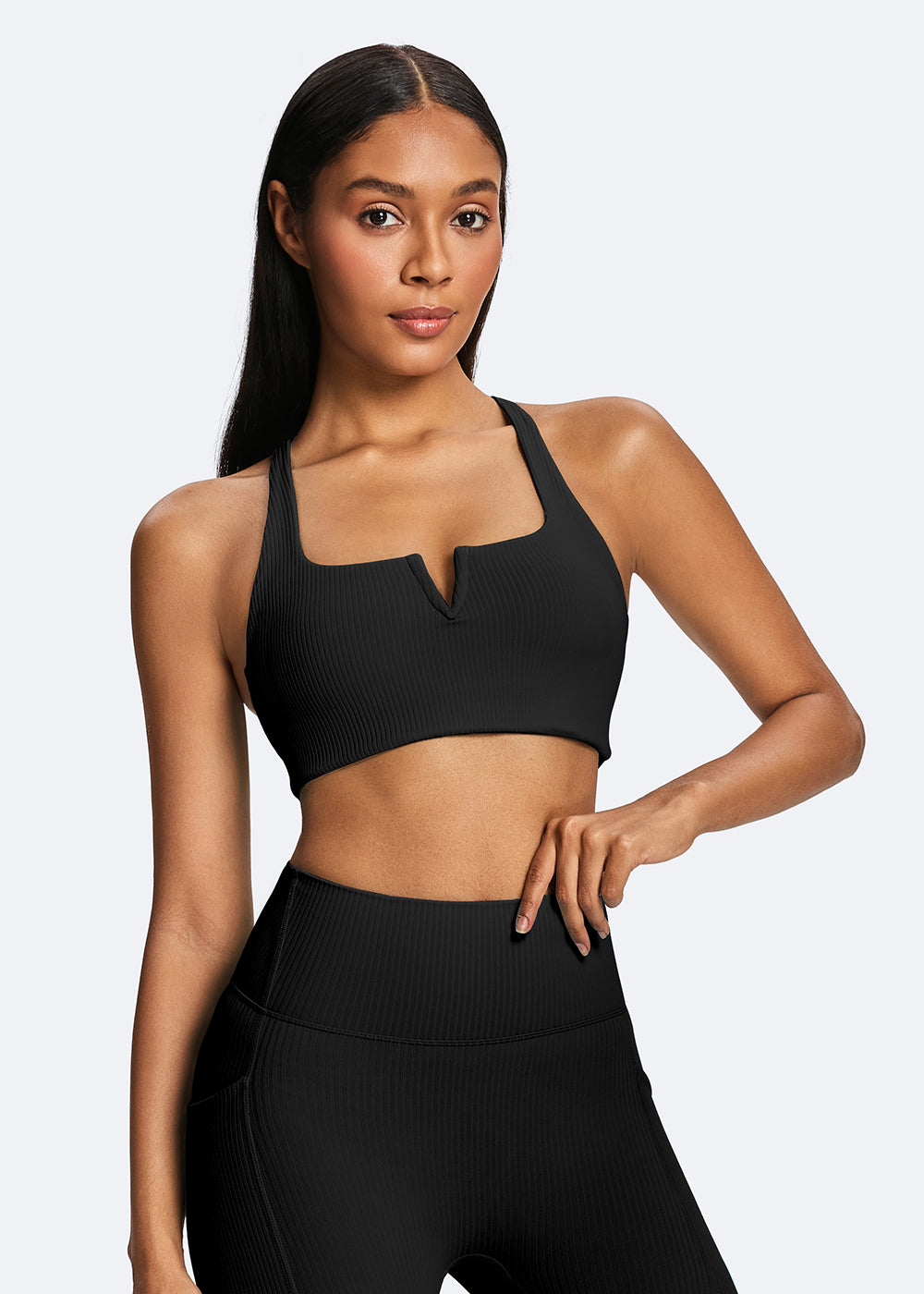 Ribbed V-Neck Crisscross Back Sports Bra - front