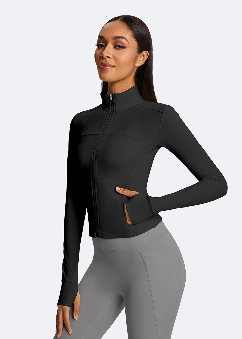 Cropped Zip-Up Athletic Jacket with Thumb Holes