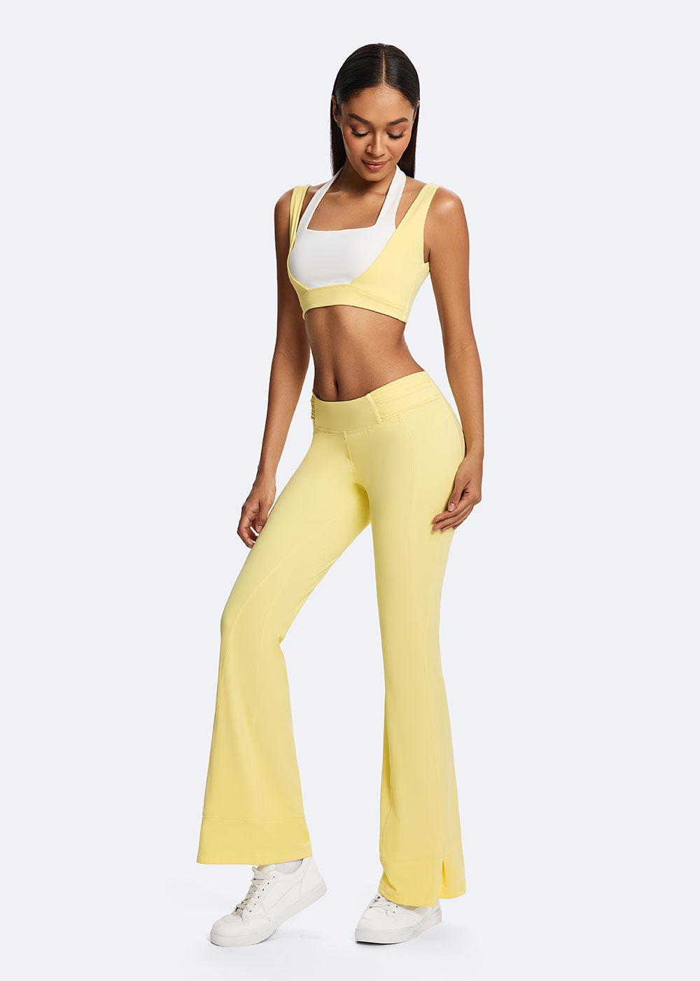 Women's Yellow Cloud Support Halter Sports Bras Full body outfit display 2