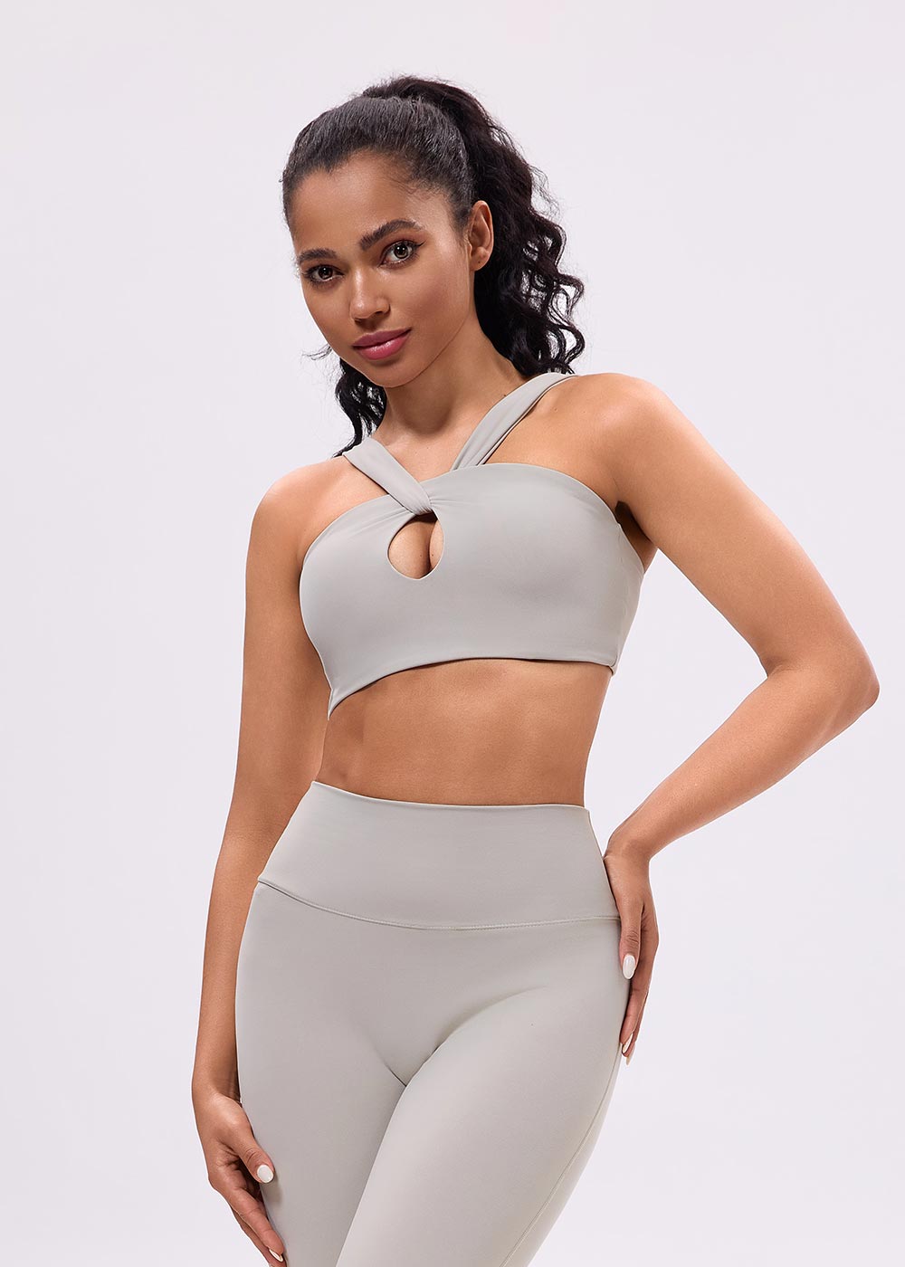 Twist Front Cutout Open-Back Sports Bra Light Gray Front Close-up