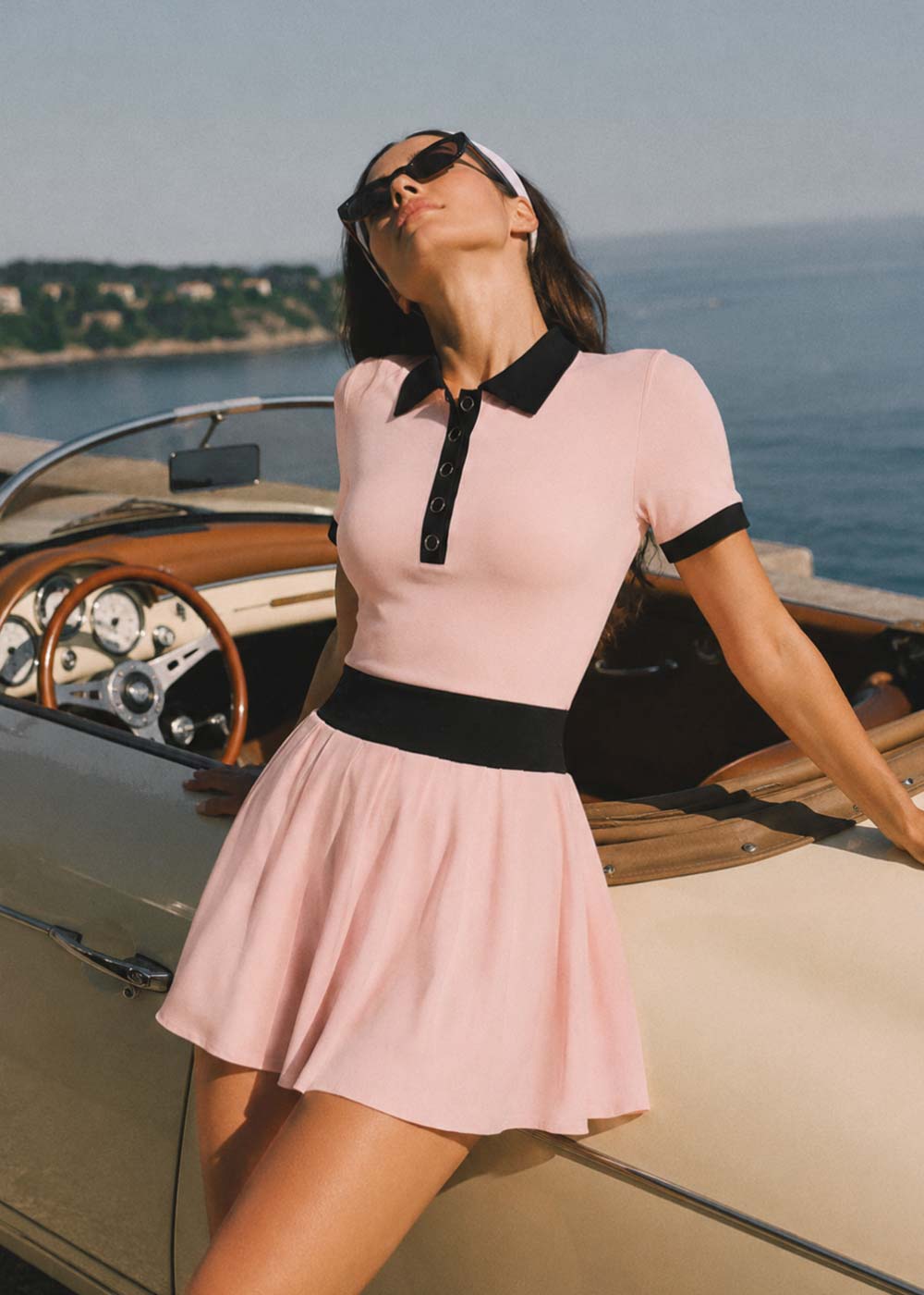Contrast Polo Collar Pleated  Short‑Sleeve Tennis Dress