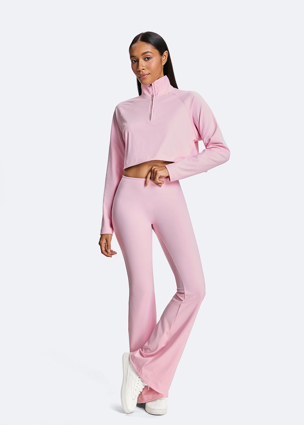 Women's Pink Half Zipper Short Loose Long Sleeve Fullbody