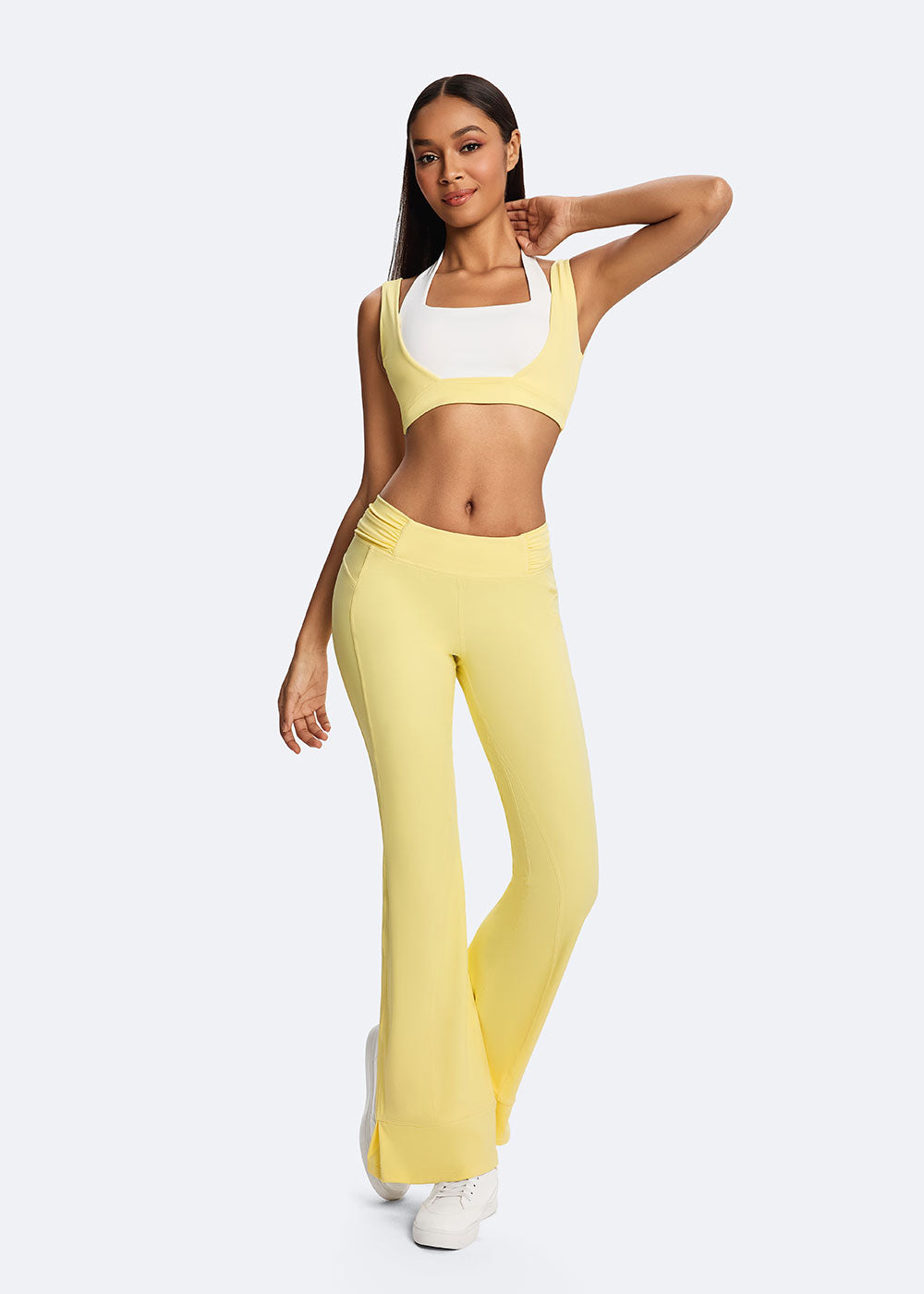 Women's Yellow Cloud Support Halter Sports Bras Full body outfit display 1