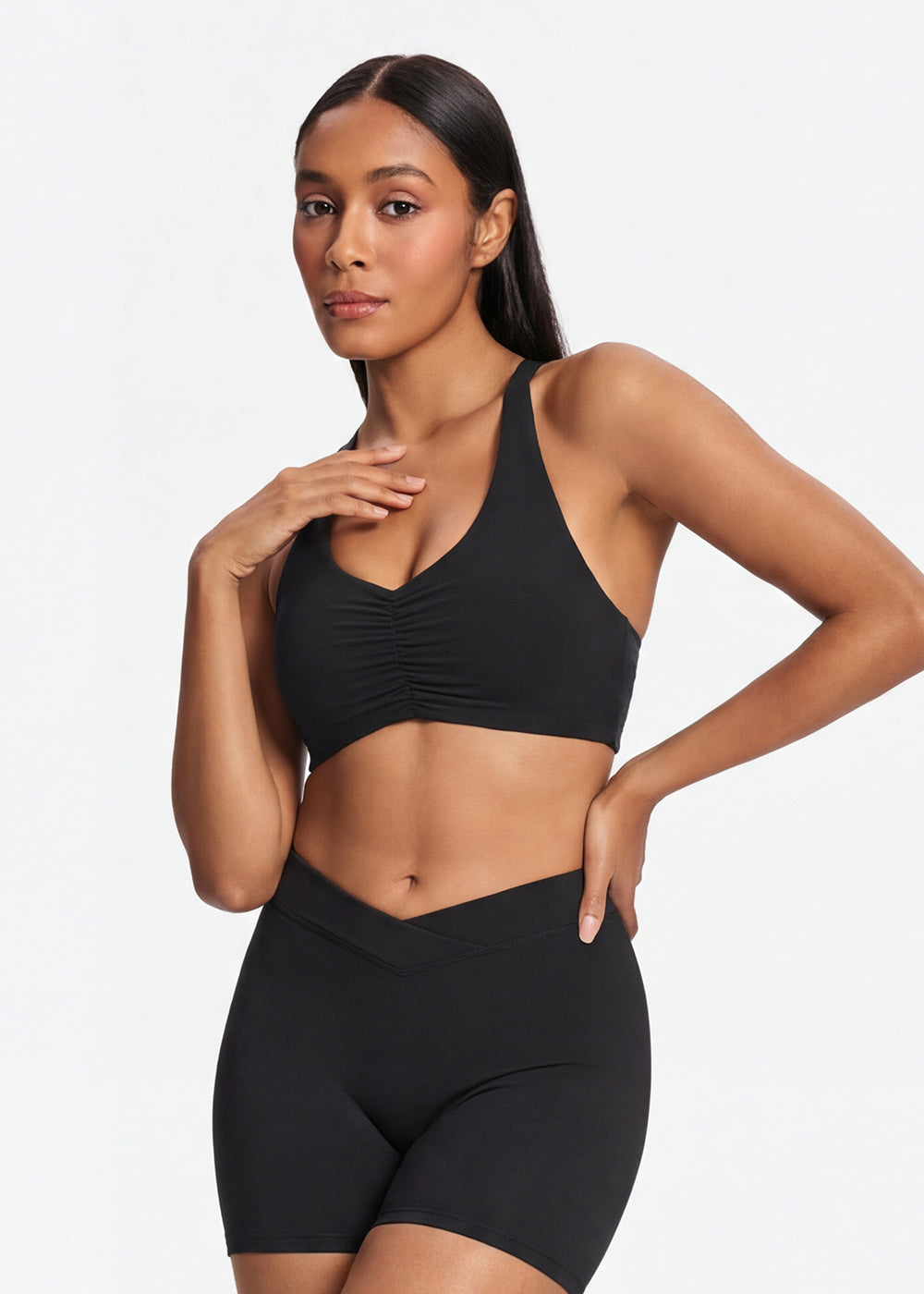 Ruched Crisscross Back Sports Bra - front