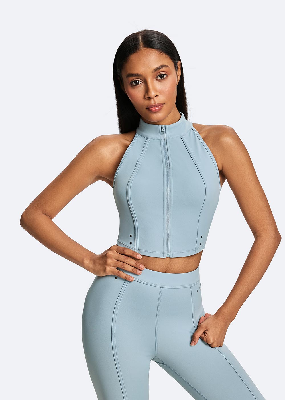 Zip-Up Halter Neck Sports Bra with Rivet