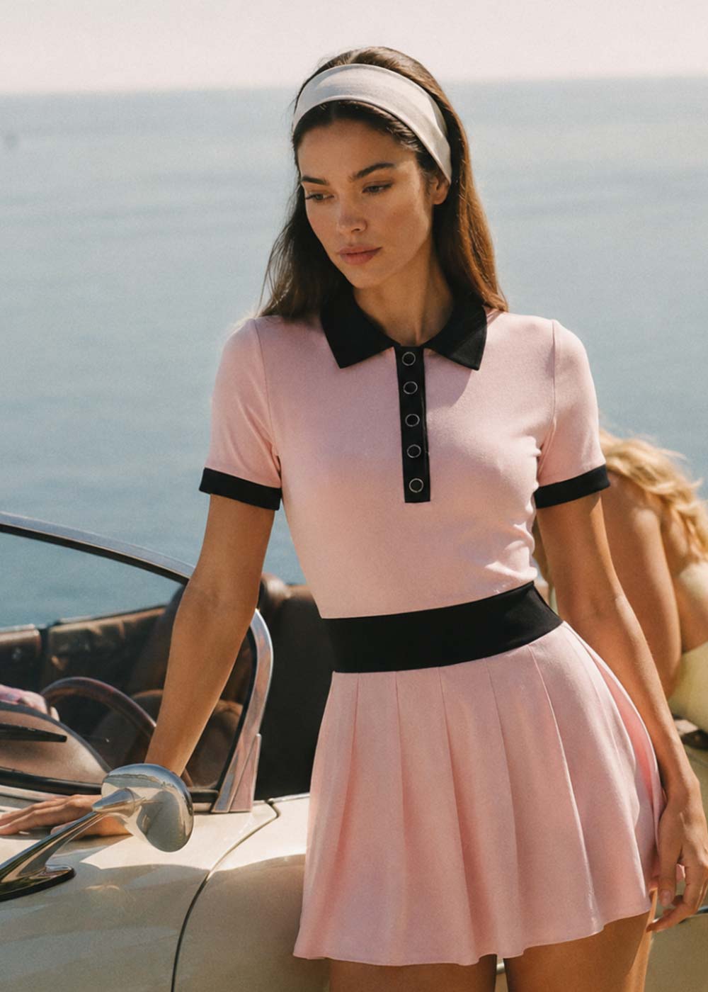 Contrast Polo Collar Pleated  Short‑Sleeve Tennis Dress