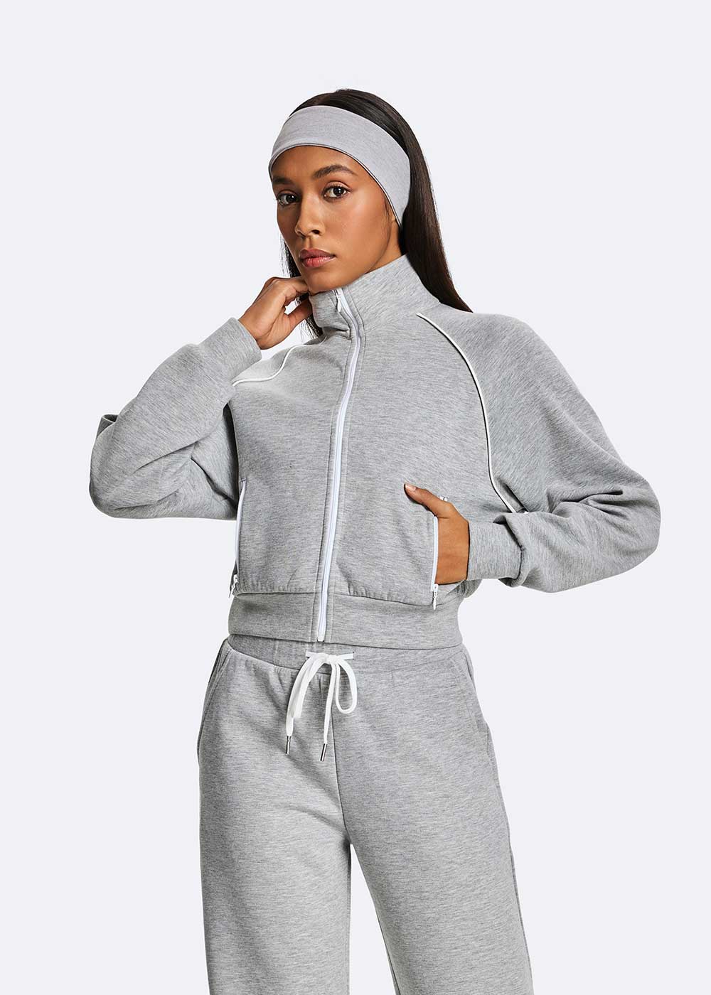 Zip-Up Athletic Contrast Stitch Cropped Track Jacket