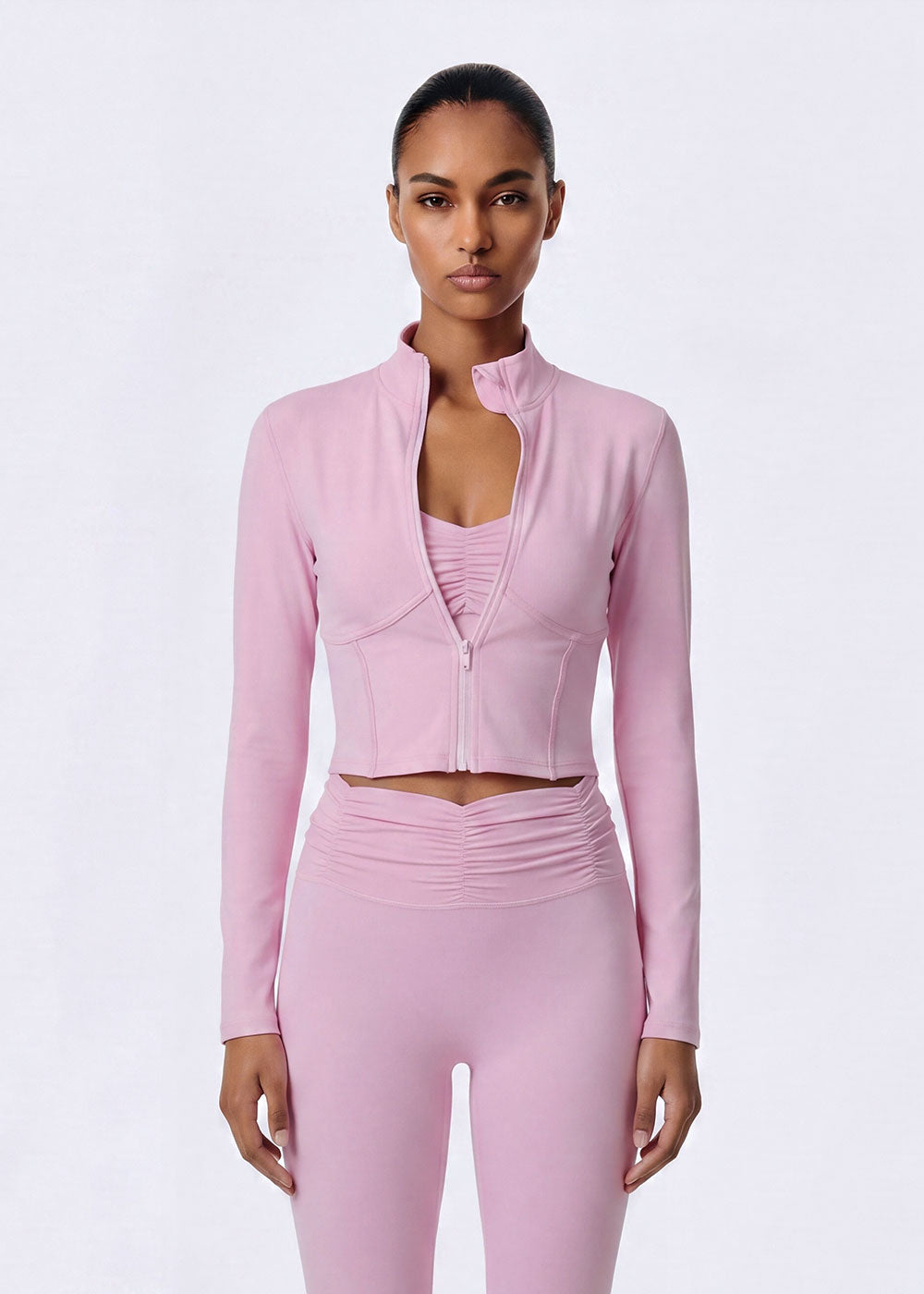 Curved Stand Collar Zip Up Cropped Athletic Jacket