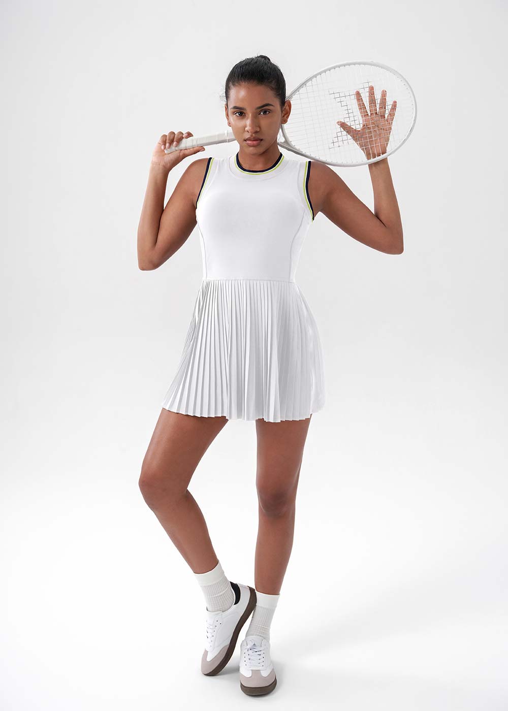 Color Trim Sleeveless Pleated Tennis Dress