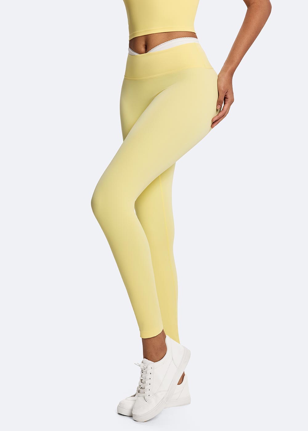 Women's Yellow Lace-up Contrast Color Sport Leggings Close up of left leg