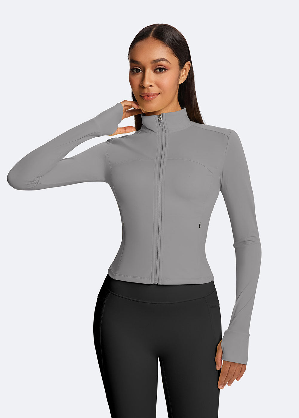 Cropped Zip-Up Athletic Jacket with Thumb Holes