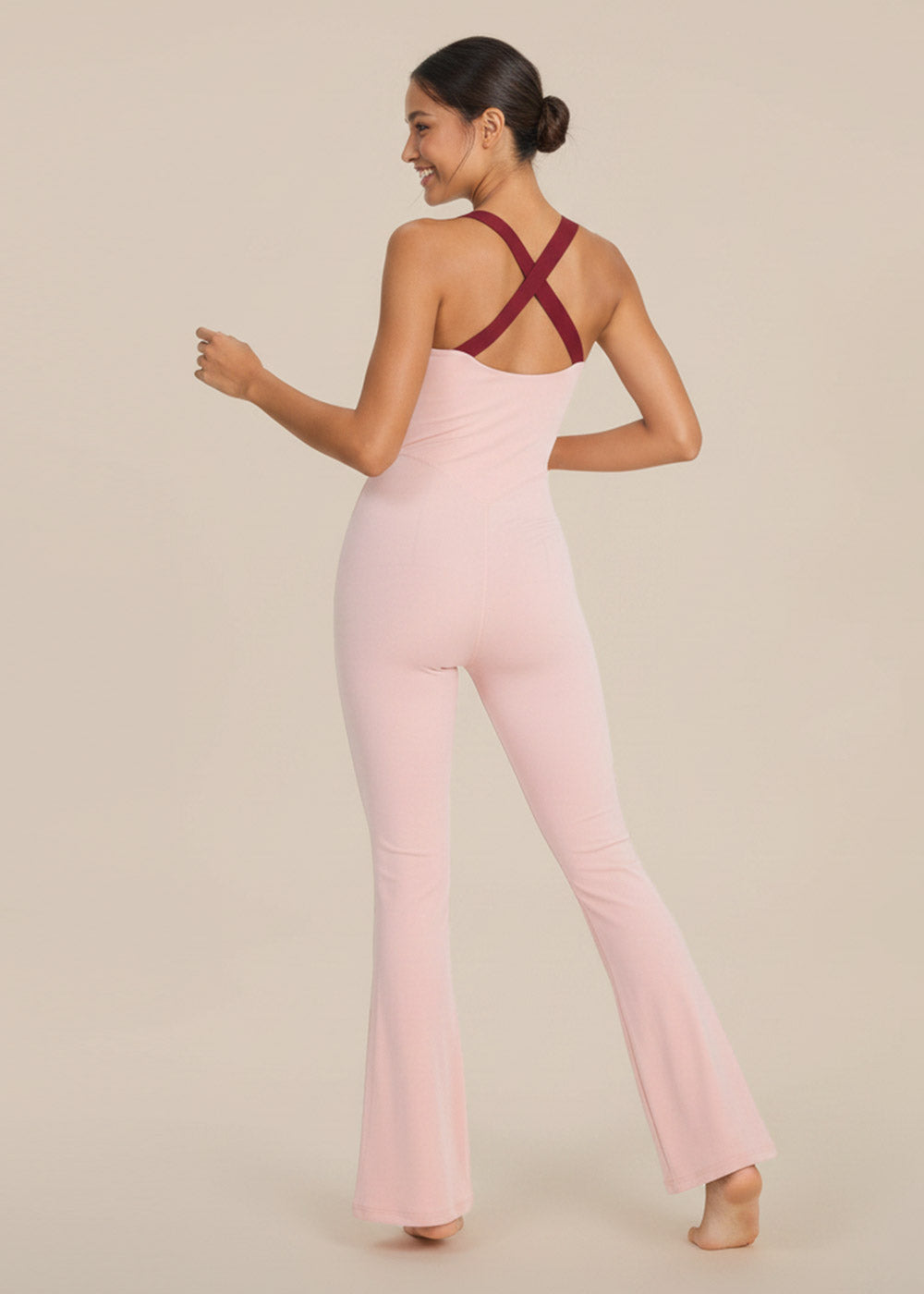 Twist Front Flare Jumpsuit Cross Back Yoga Onesie