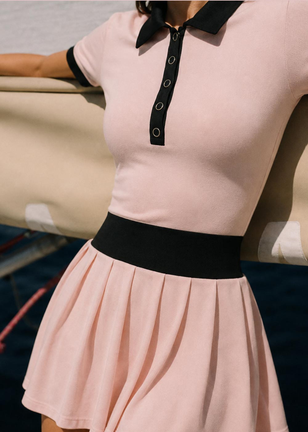 Contrast Polo Collar Pleated  Short‑Sleeve Tennis Dress