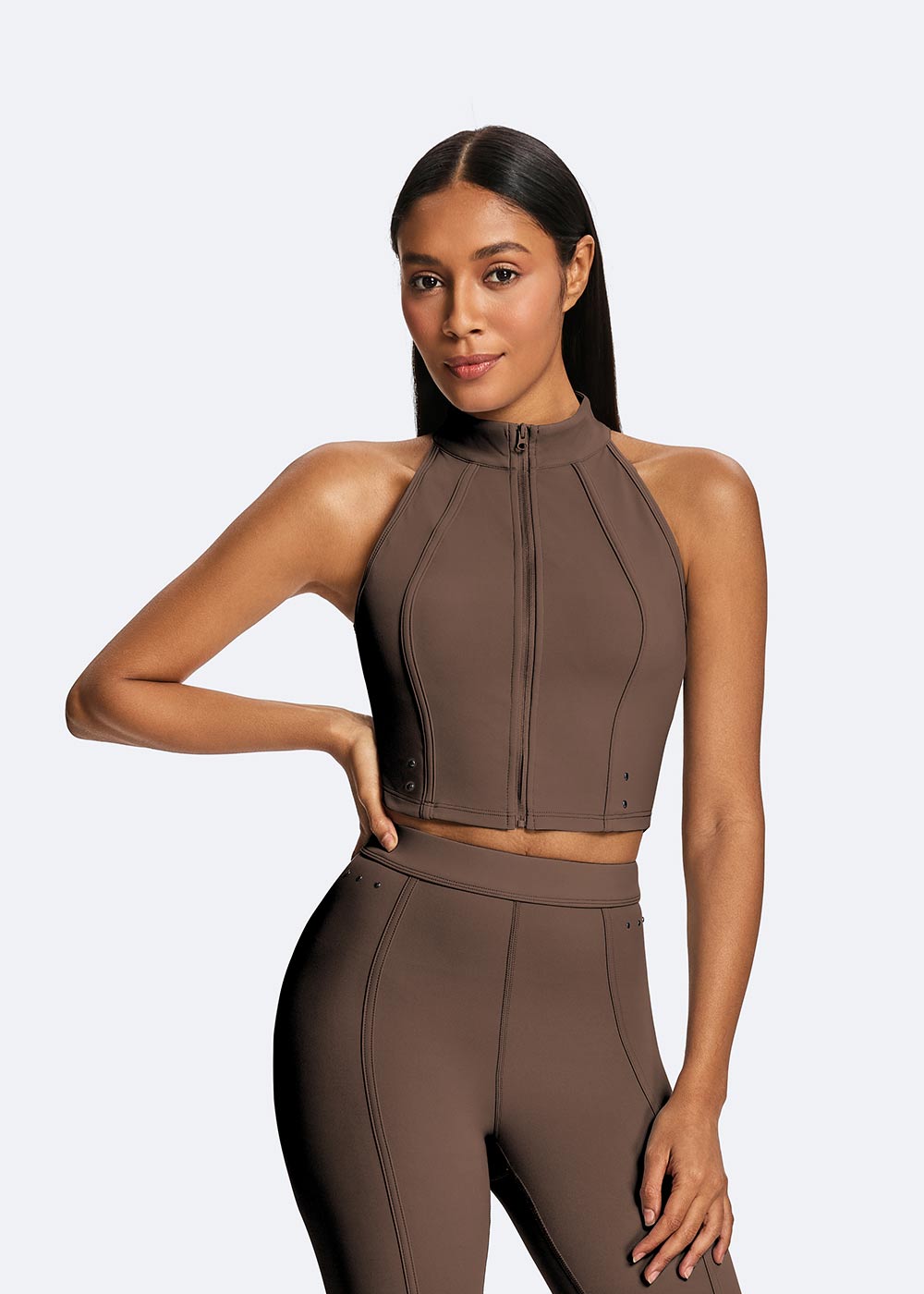 Zip-Up Halter Neck Sports Bra with Rivet