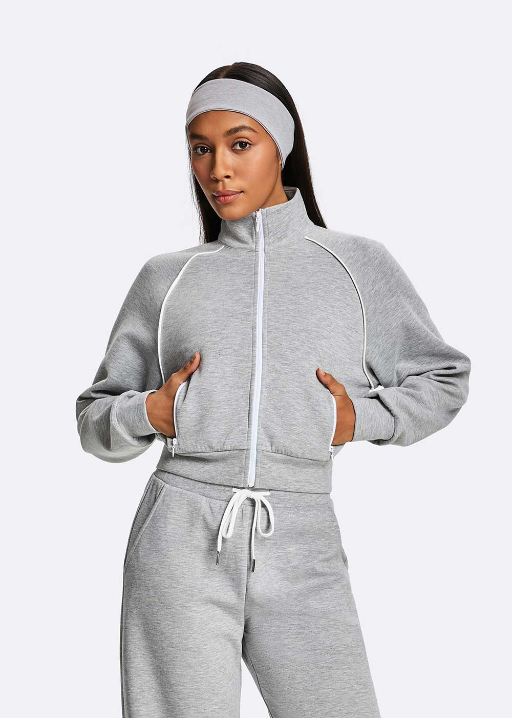 Zip-Up Athletic Contrast Stitch Cropped Track Jacket