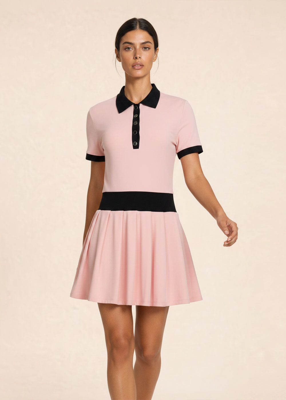 Contrast Polo Collar Pleated  Short‑Sleeve Tennis Dress