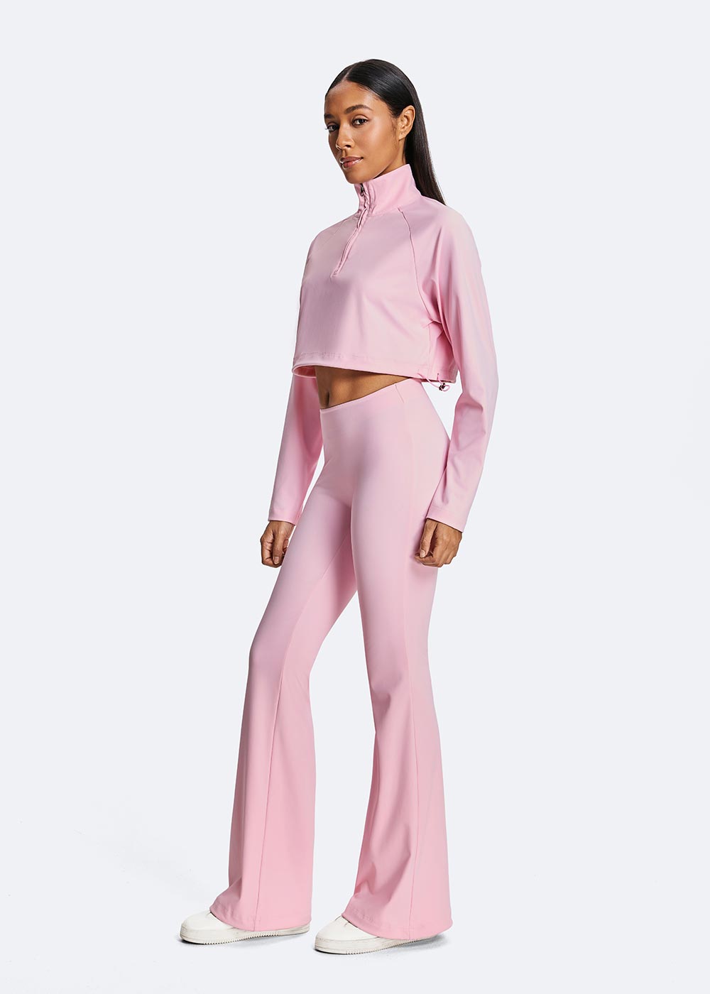 Women's Pink Half Zipper Short Loose Long Sleeve Close up on the left side