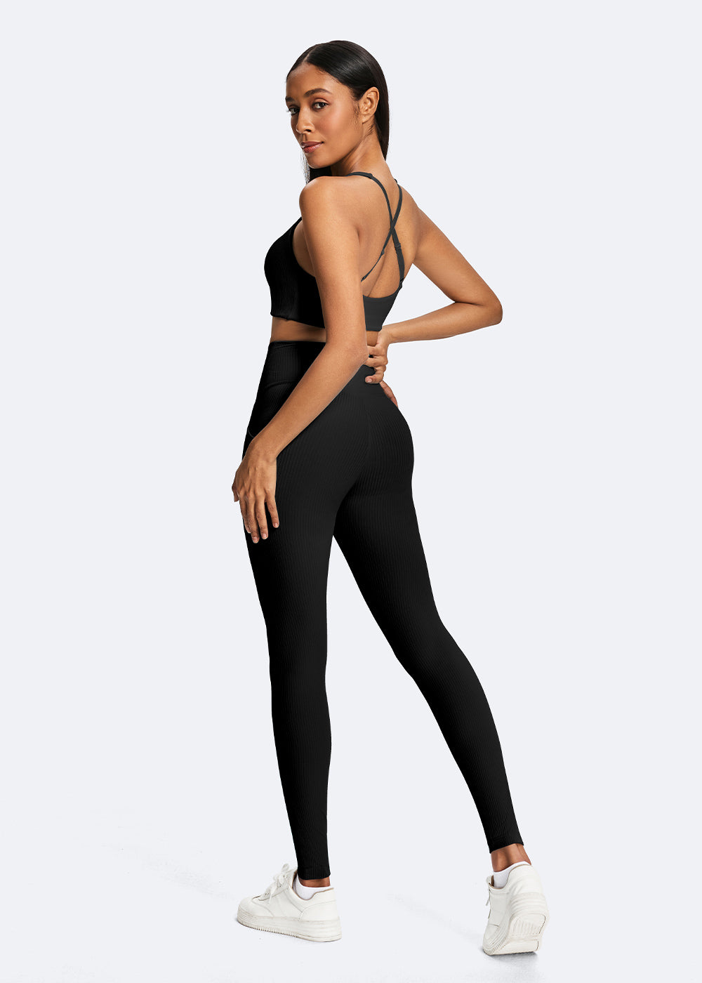 Ribbed V-Neck Crisscross Back Sports Bra - side