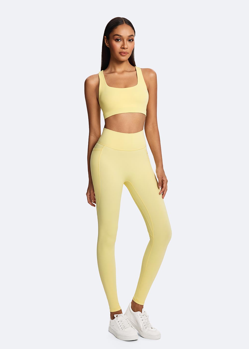 Women's Yellow Elastic Stitched Hem Sports Bra Fullbody 2