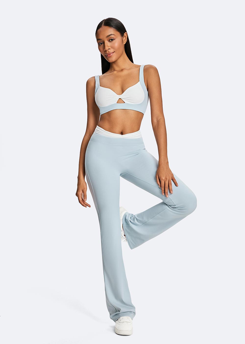 Women's Sky Blue Twisted Contrast Color Waist Yoga Pants Front Pose