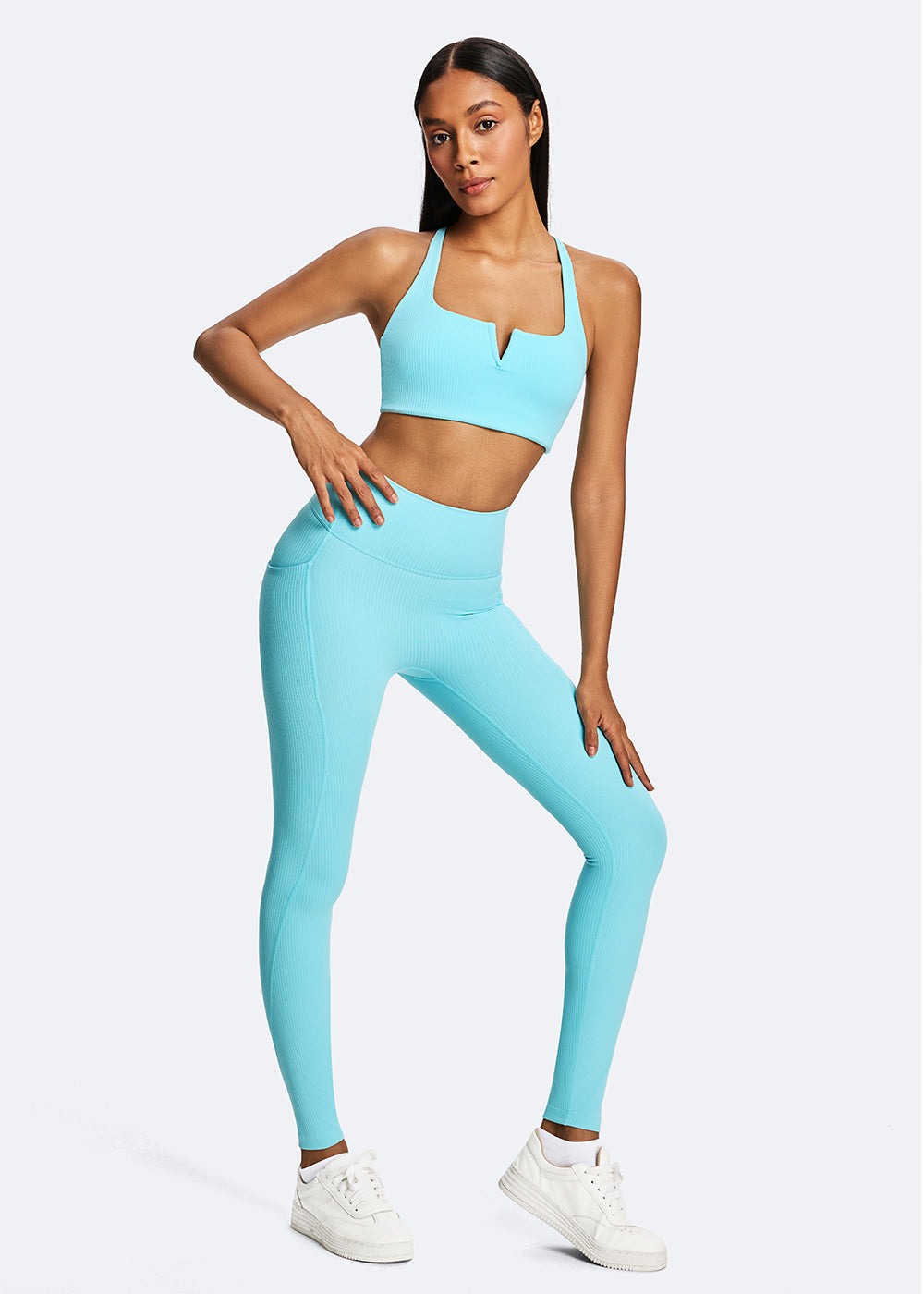 Ribbed V-Neck Crisscross Back Sports Bra - fullbody