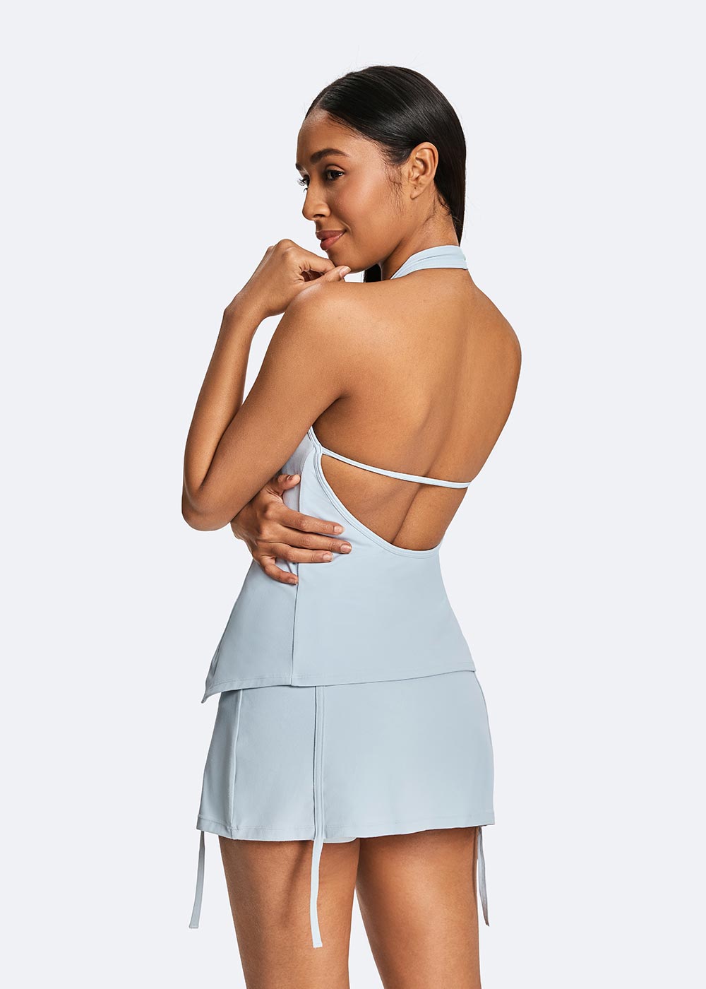Women's Sky Blue Halter Neck Sexy Vest Close up of left back