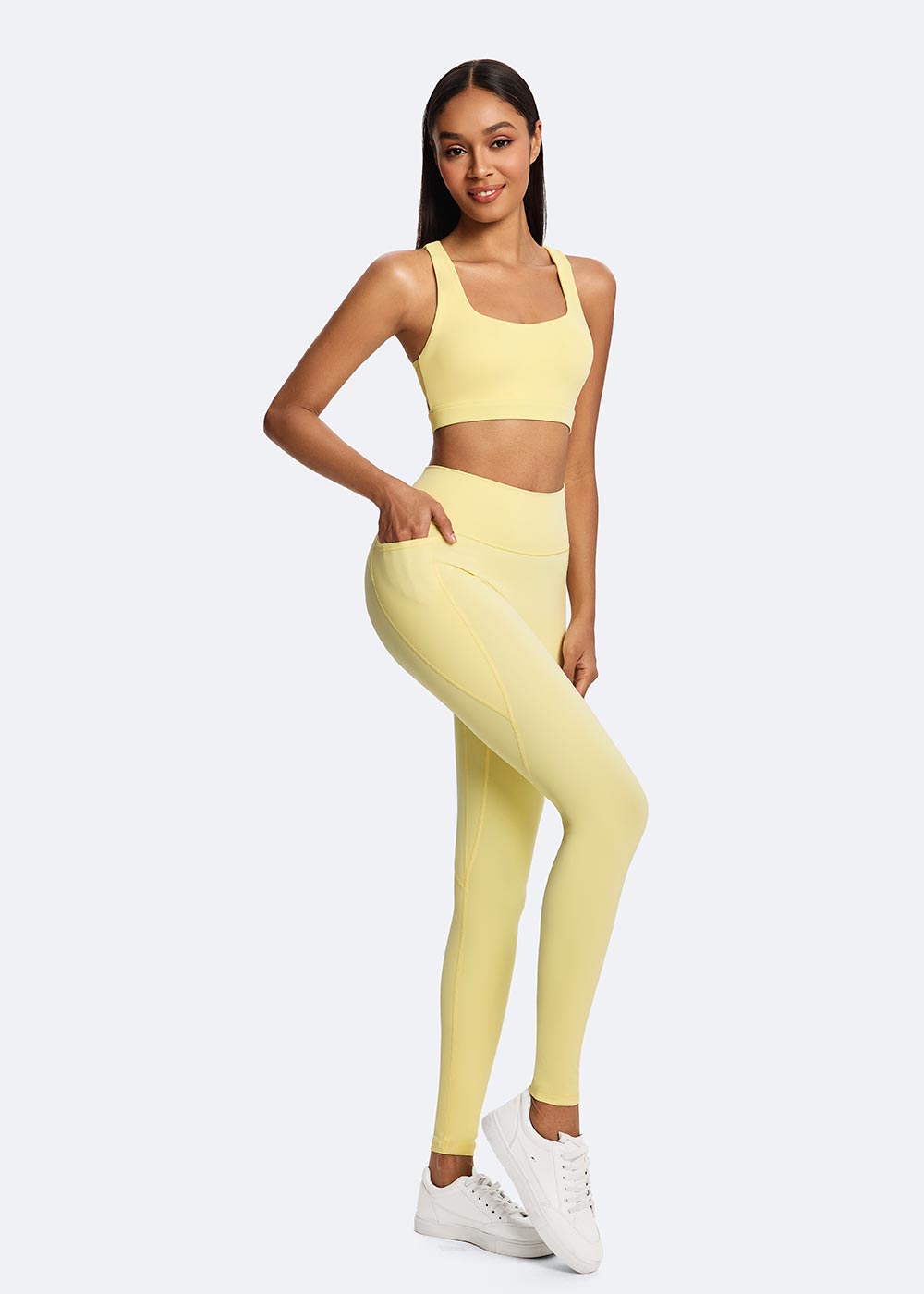 Women's Yellow Cloud-sensing Sports Legging with Pockets Close up of right leg