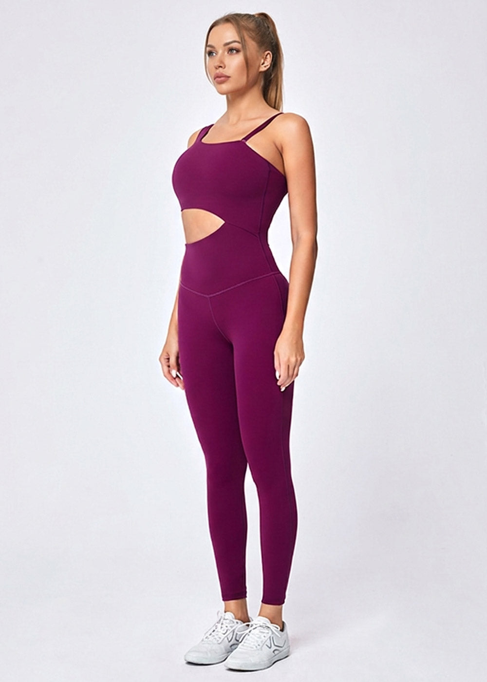 Asymmetrical Cutout One-Piece Yoga Jumpsuit Purple Full front view