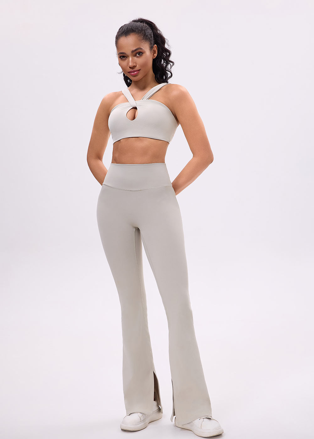 Twist Front Cutout Open-Back Sports Bra Light Gray Front View