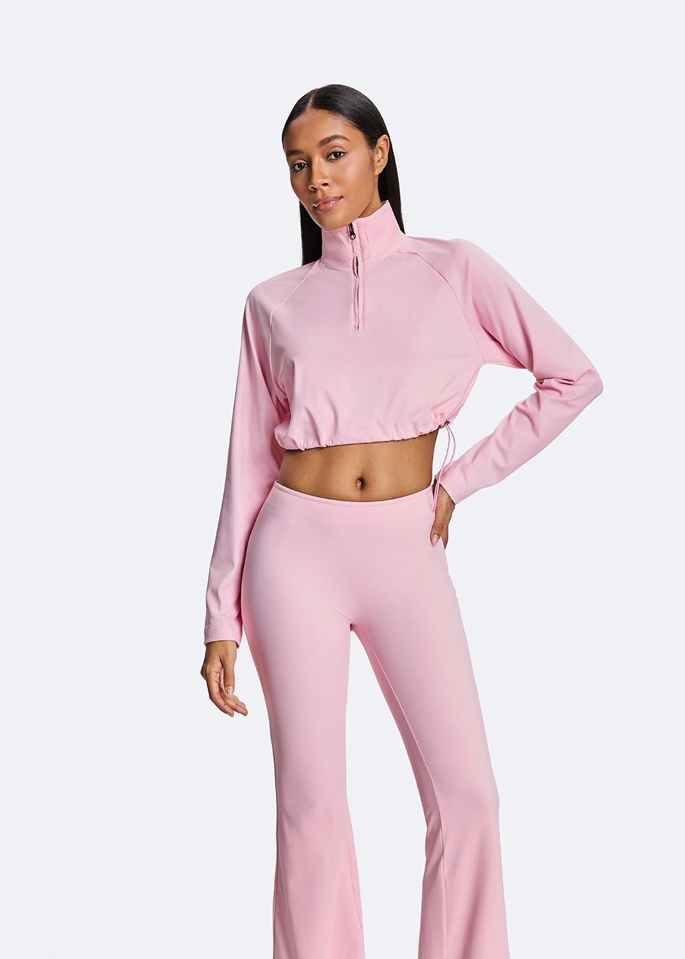 Women's Pink Half Zipper Short Loose Long Sleeve front close-up 1