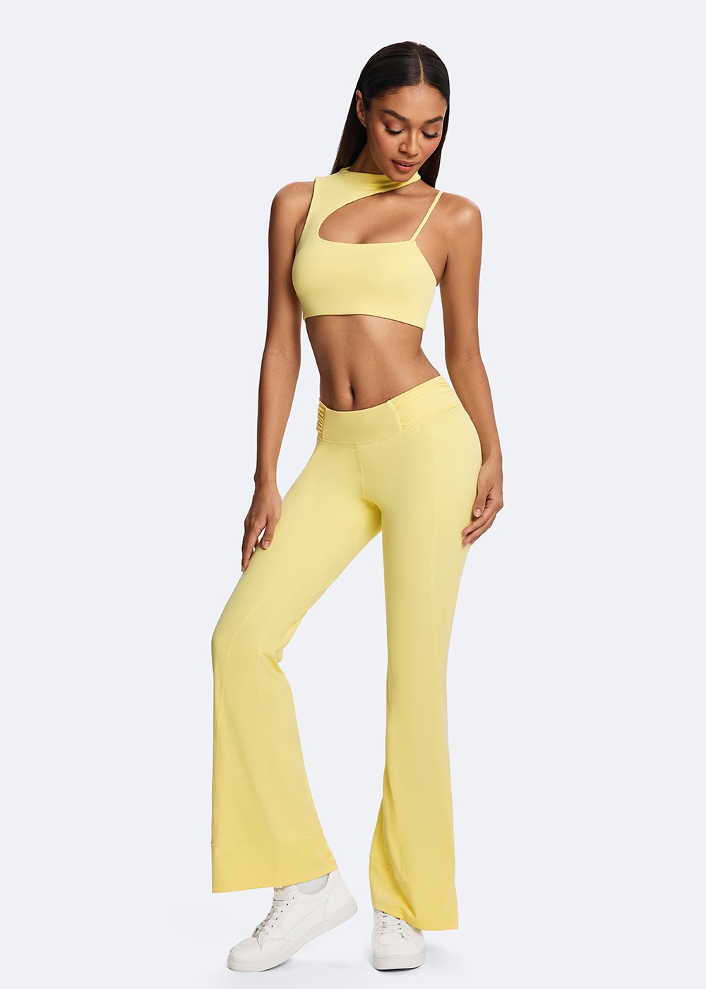 Linear-Accented Casual Flare Legging Yellow Full body outfit display