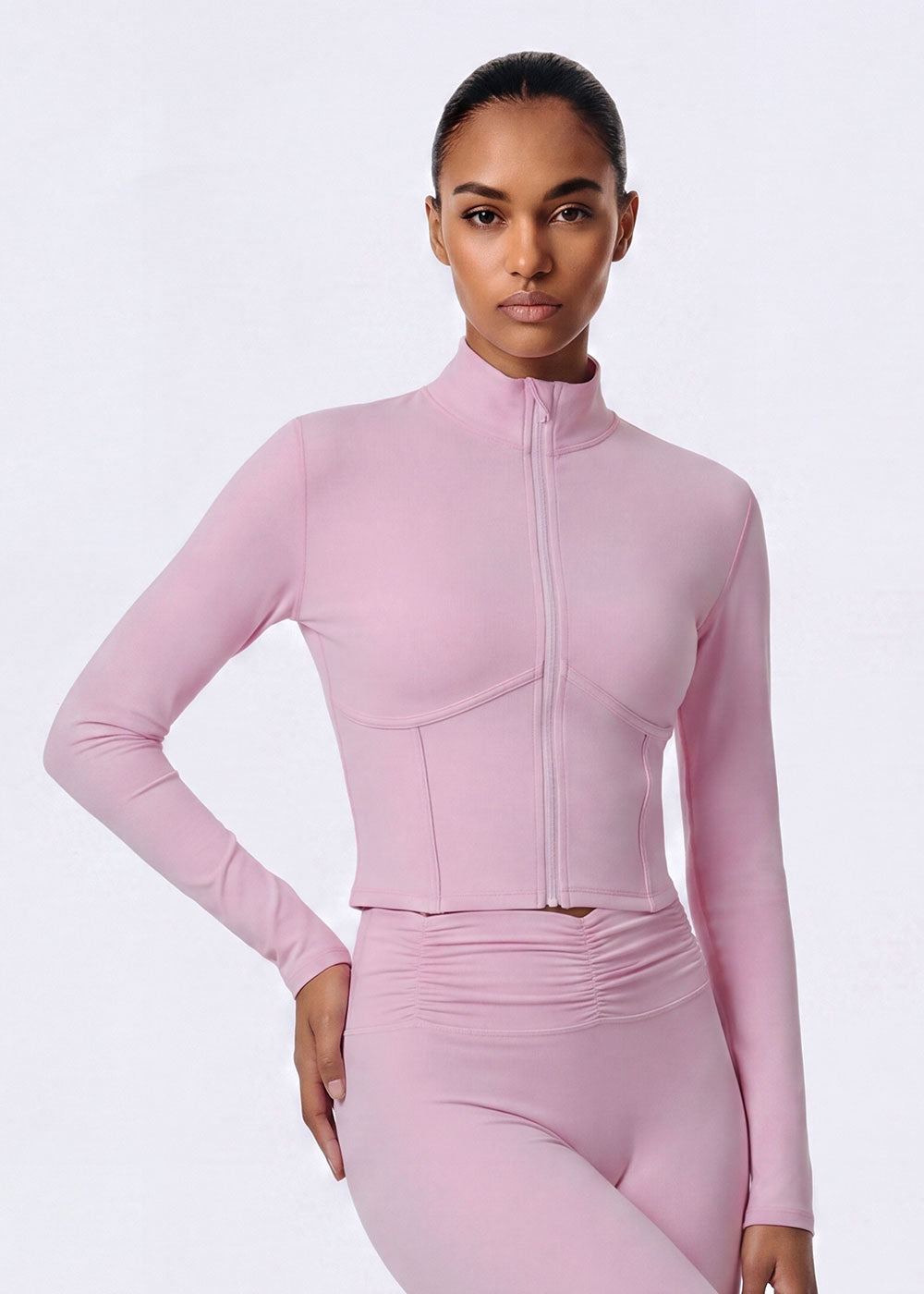 Curved Stand Collar Zip Up Cropped Athletic Jacket